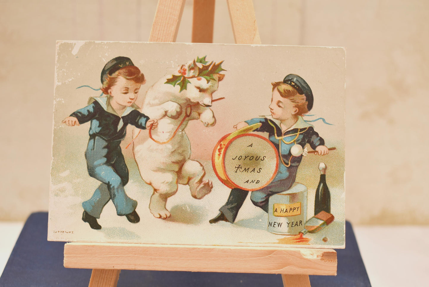 Antique Victorian Christmas Card - Charming Little Band with Dancing Polar Bear 1870s