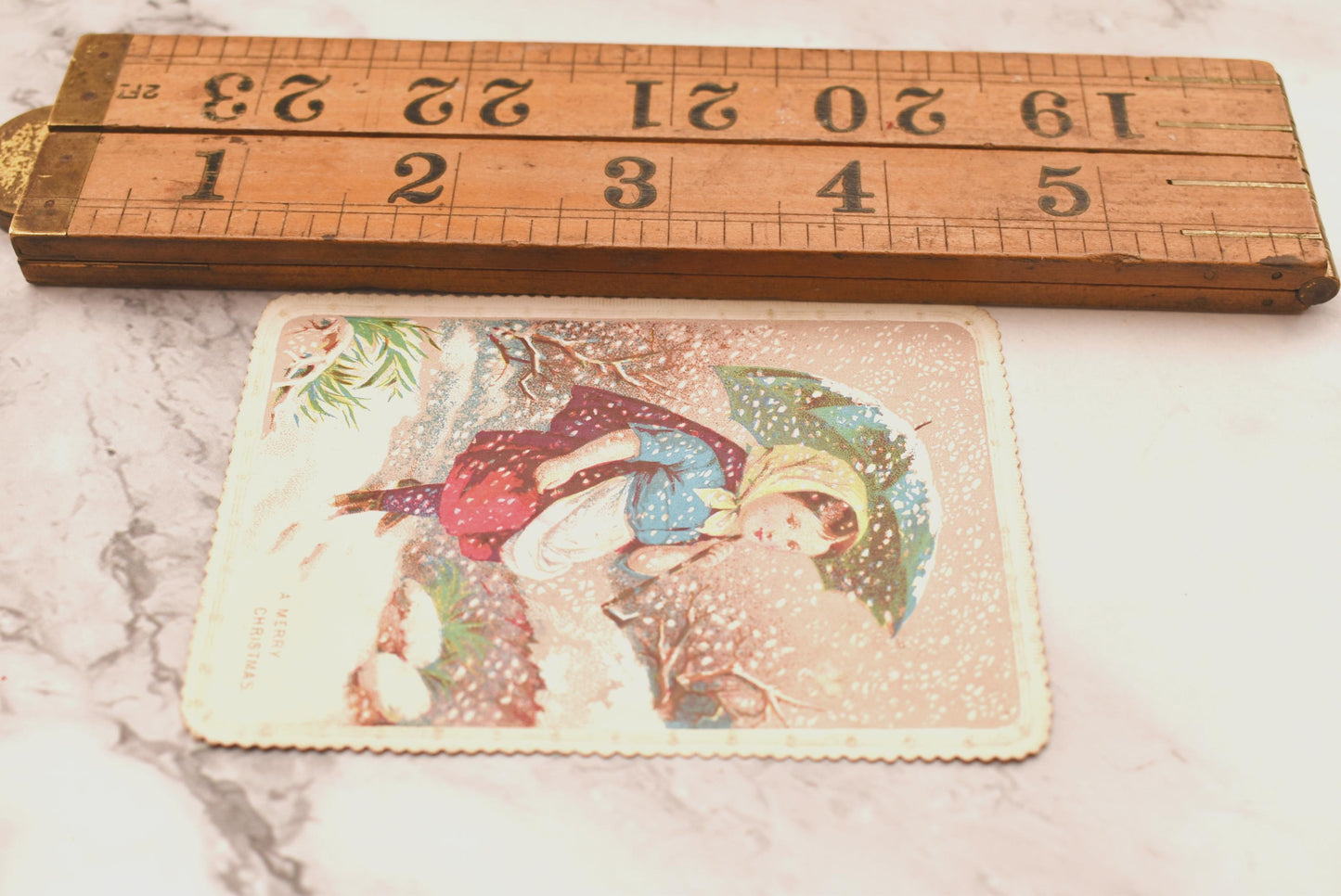 Antique Victorian Christmas Card - Charming Little Girl in the Snow with Umbrella