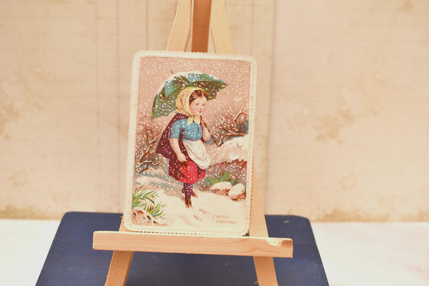 Antique Victorian Christmas Card - Charming Little Girl in the Snow with Umbrella