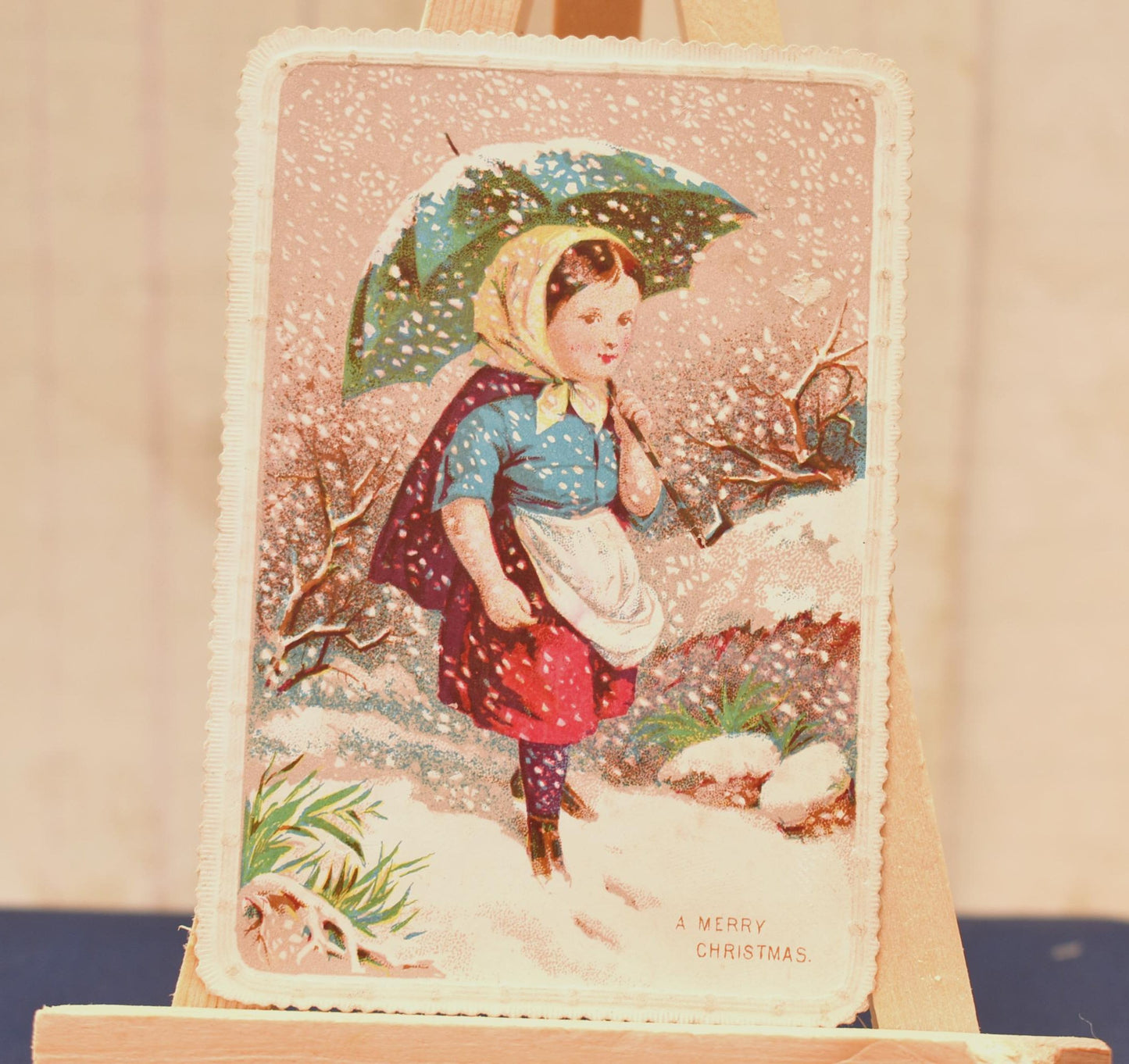 Antique Victorian Christmas Card - Charming Little Girl in the Snow with Umbrella