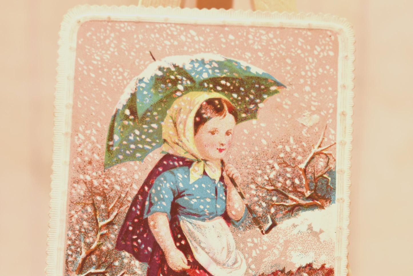 Antique Victorian Christmas Card - Charming Little Girl in the Snow with Umbrella
