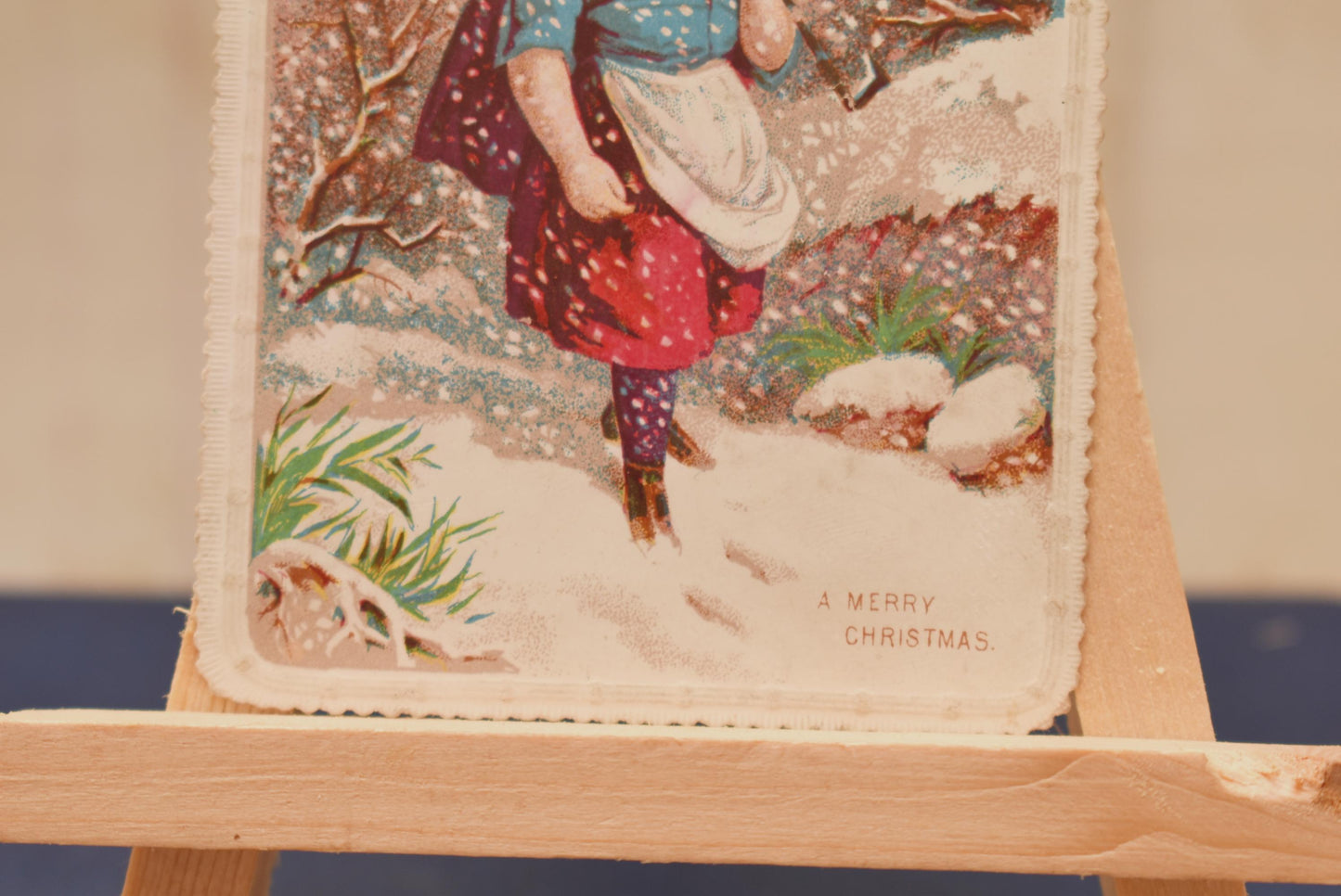 Antique Victorian Christmas Card - Charming Little Girl in the Snow with Umbrella