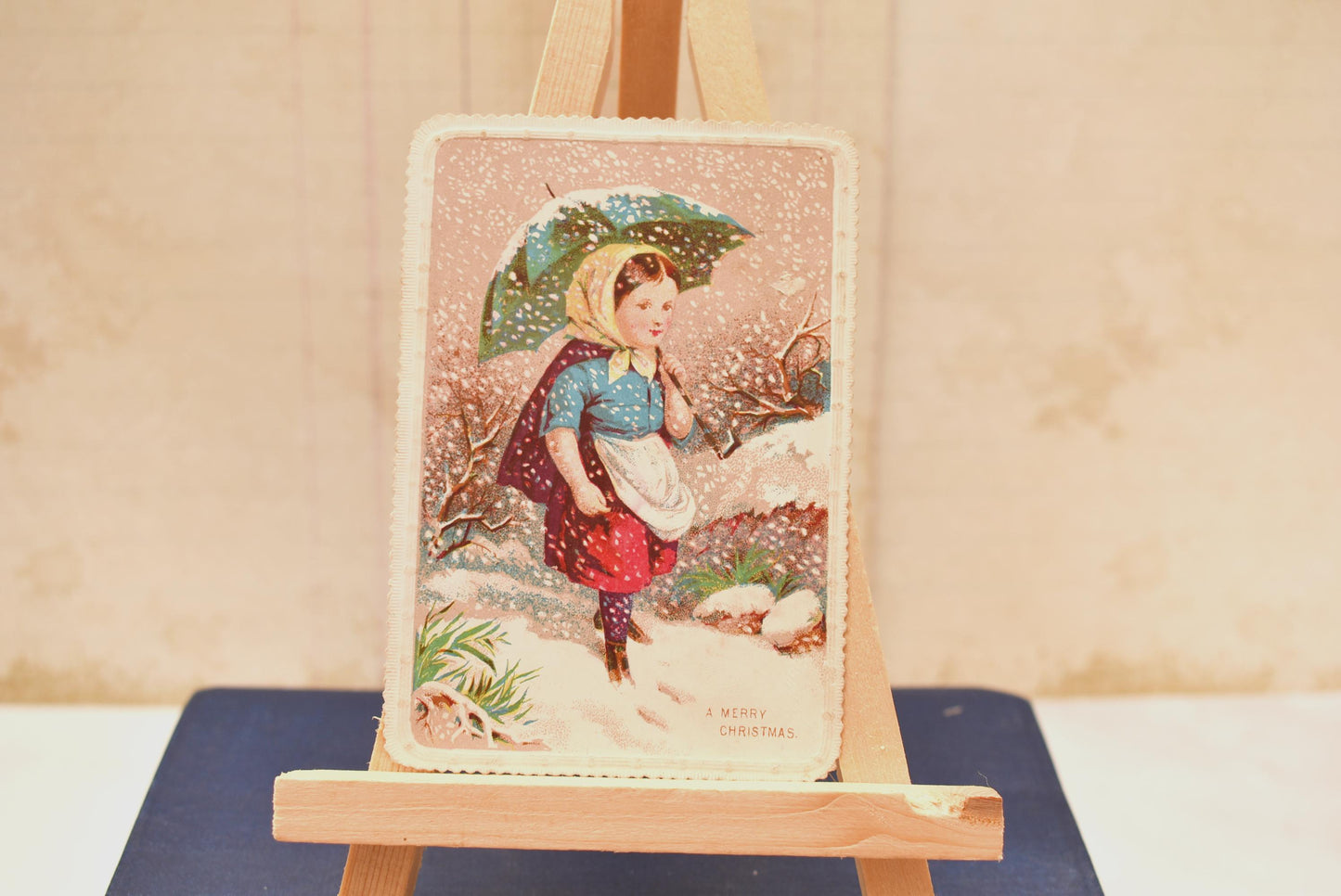 Antique Victorian Christmas Card - Charming Little Girl in the Snow with Umbrella
