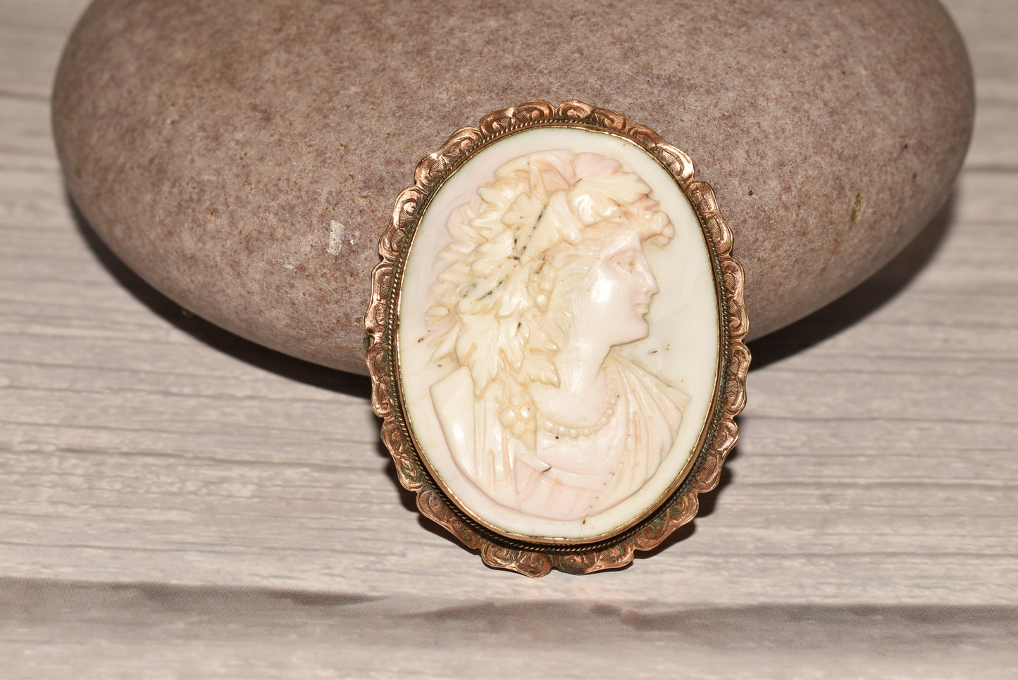 Stunning Victorian Cameo - Large Classical Bacchanalian Goddess with Vines and Grapes Pendant or Brooch