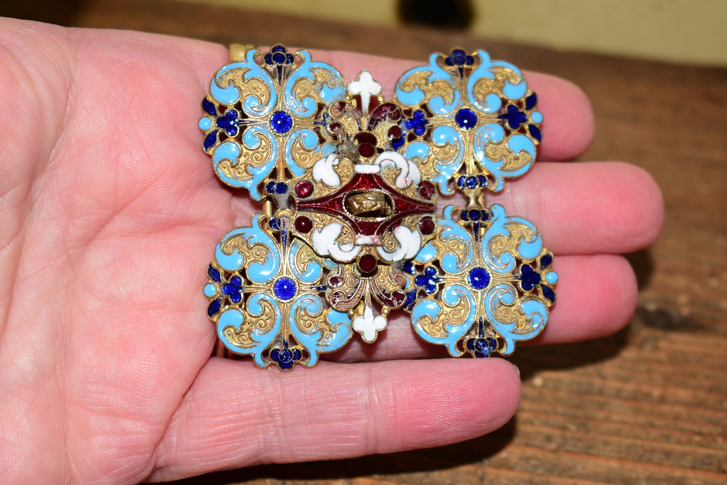 Antique French Champlevé Enamel Interlocking Belt Buckle – Palais du Trocadéro Souvenir, Paris Exposition Universelle c.1878-1889