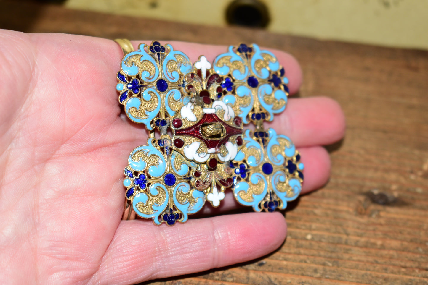 Antique French Champlevé Enamel Interlocking Belt Buckle – Palais du Trocadéro Souvenir, Paris Exposition Universelle c.1878-1889