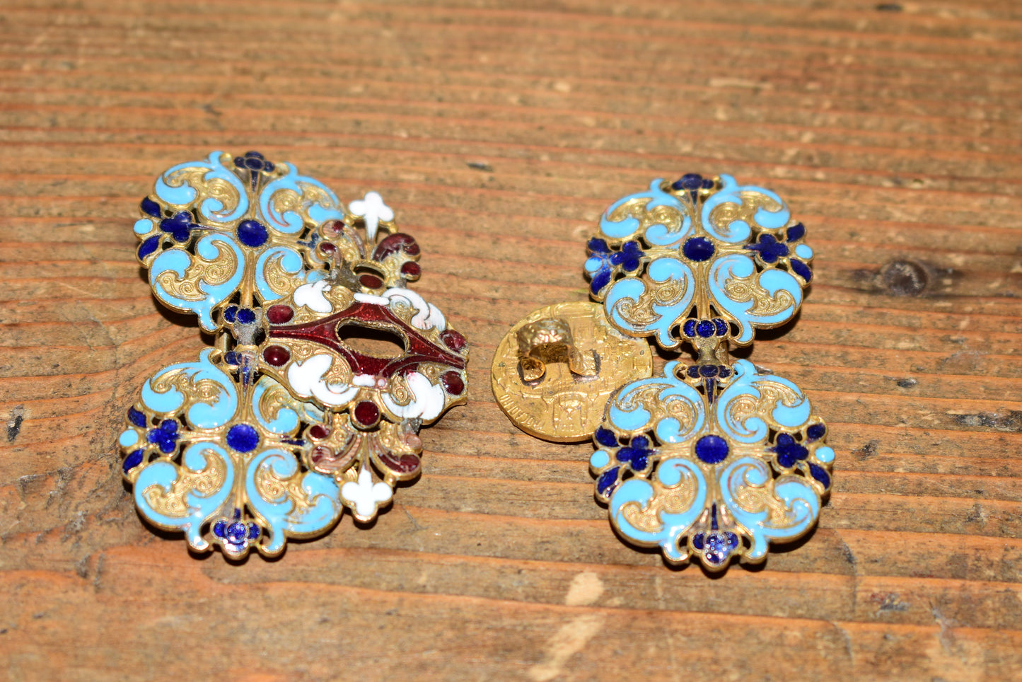 Antique French Champlevé Enamel Interlocking Belt Buckle – Palais du Trocadéro Souvenir, Paris Exposition Universelle c.1878-1889