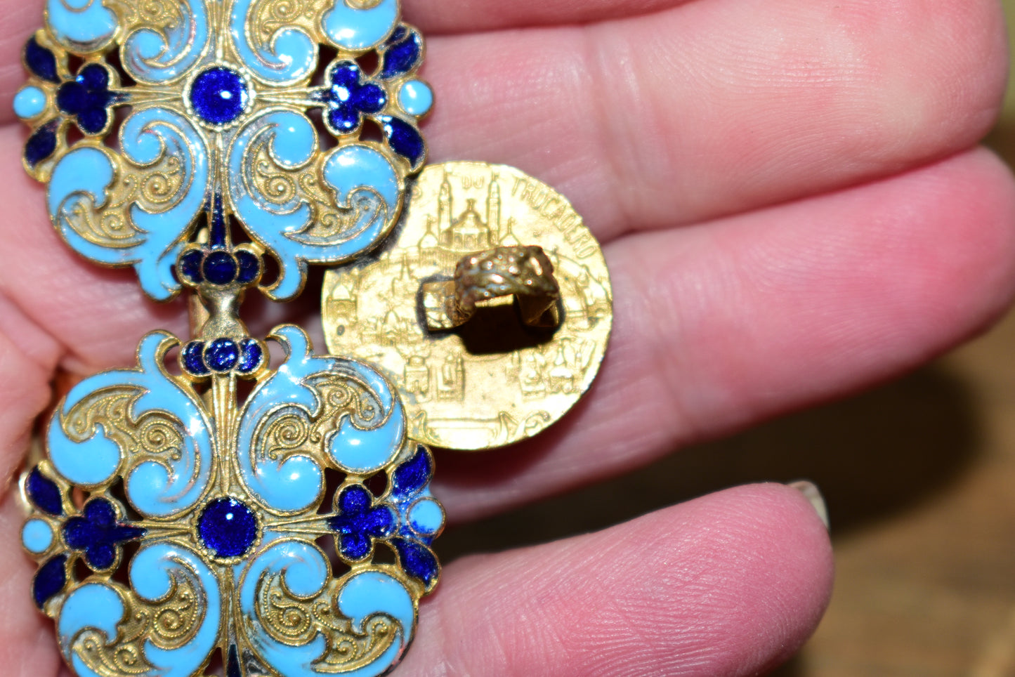 Antique French Champlevé Enamel Interlocking Belt Buckle – Palais du Trocadéro Souvenir, Paris Exposition Universelle c.1878-1889