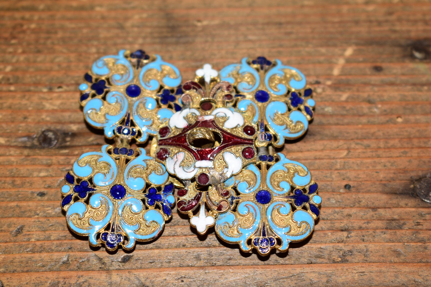 Antique French Champlevé Enamel Interlocking Belt Buckle – Palais du Trocadéro Souvenir, Paris Exposition Universelle c.1878-1889