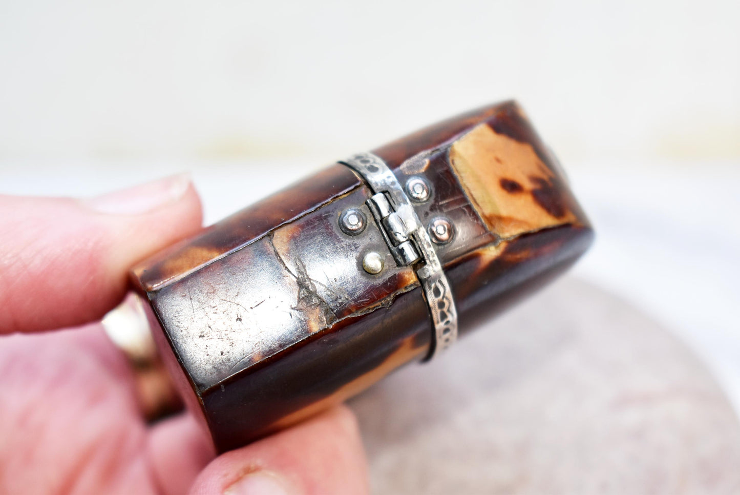 Antique Horn Snuff Box - Stunning Georgian Desk Pot with Silver Trim