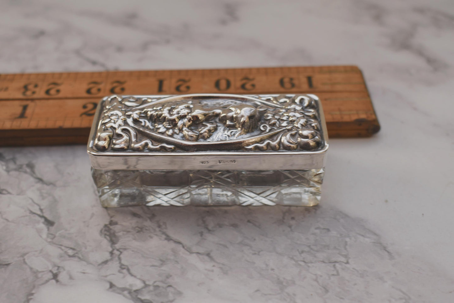 Antique Silver Topped Glass Box - Gorgeous Art Nouveau Lady Embossed Sterling Lid