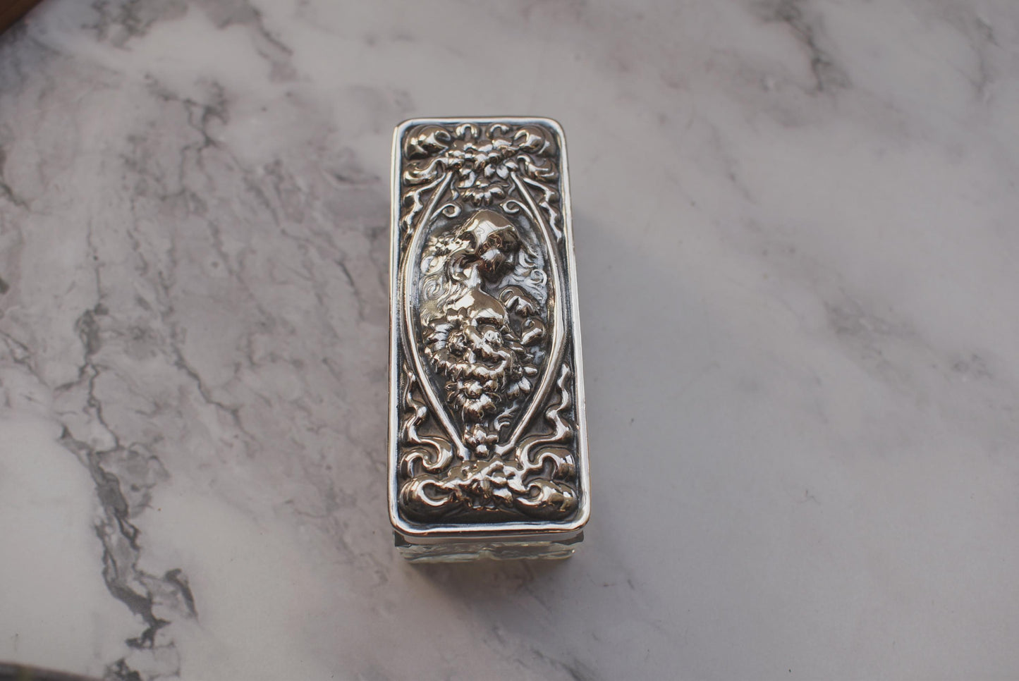 Antique Silver Topped Glass Box - Gorgeous Art Nouveau Lady Embossed Sterling Lid
