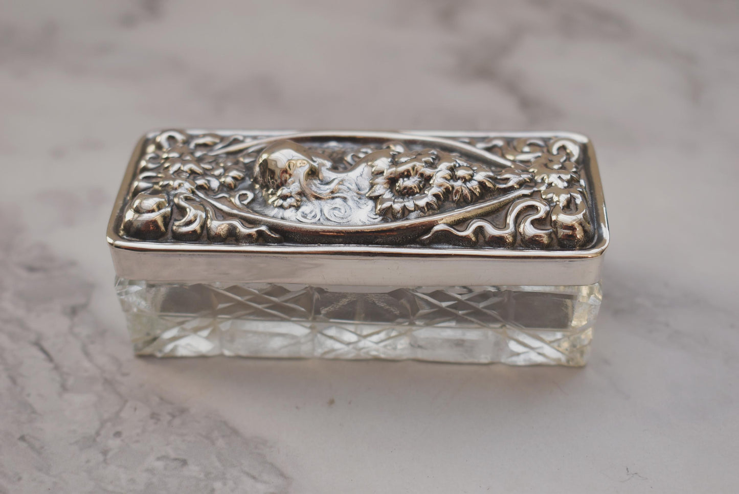 Antique Silver Topped Glass Box - Gorgeous Art Nouveau Lady Embossed Sterling Lid