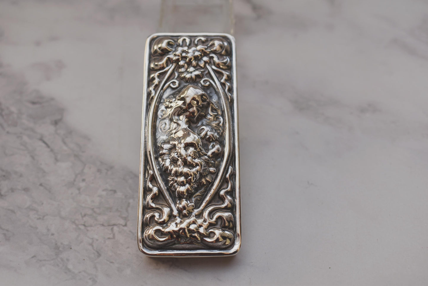 Antique Silver Topped Glass Box - Gorgeous Art Nouveau Lady Embossed Sterling Lid