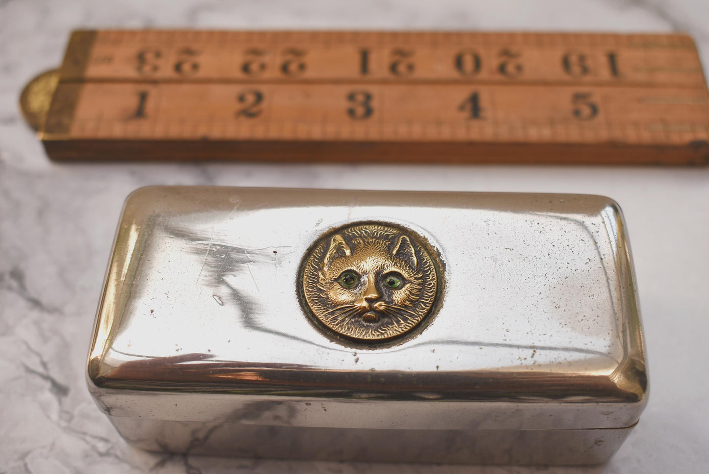 Antique Dressing Table Box with Charming Cat Face with Glass Eyes