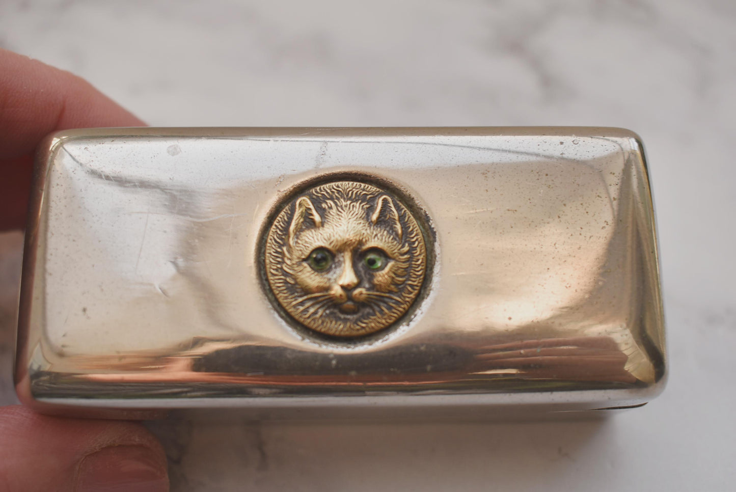 Antique Dressing Table Box with Charming Cat Face with Glass Eyes