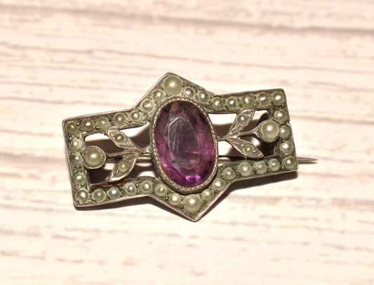 Victorian Silver Brooch - Gorgeous Seed Pearl and Amethyst Decorative Brooch