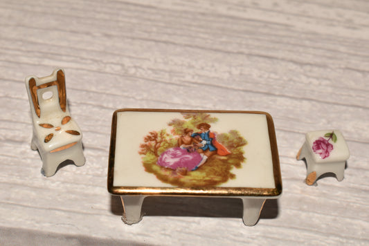 Limoges Doll House Furniture - Beautiful French Porcelain Miniature Table, Chair and Stool