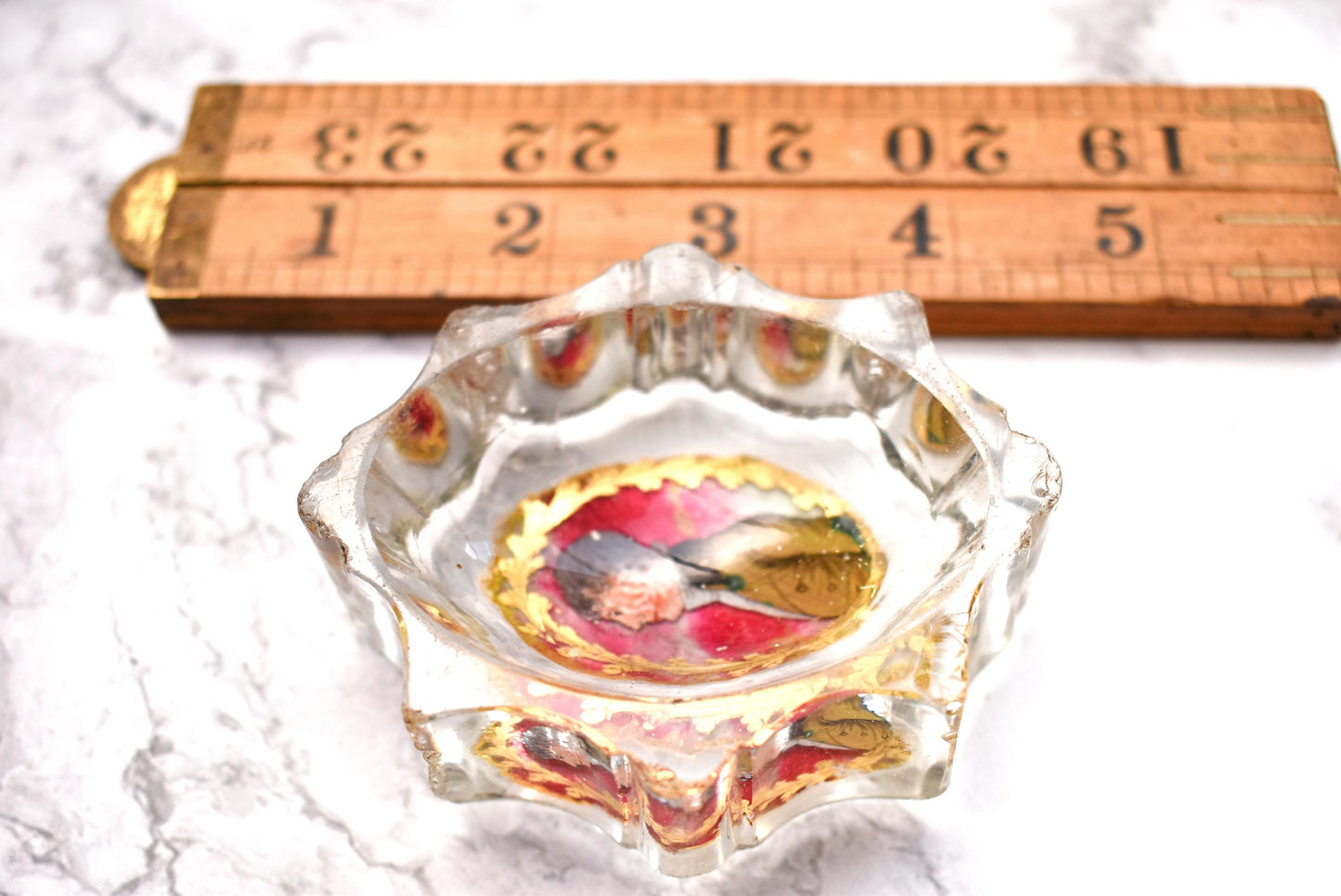 Antique Hand Painted Portrait Pin Tray - Gorgeous Georgian Heavy Glass with Wonderful Applied Painting