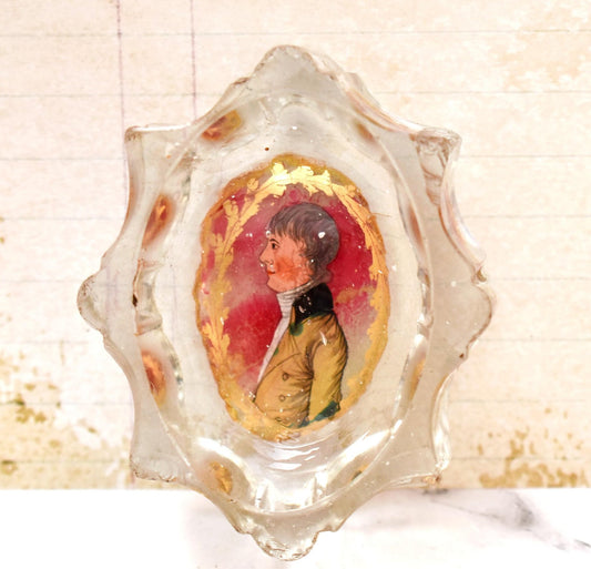 Antique Hand Painted Portrait Pin Tray - Gorgeous Georgian Heavy Glass with Wonderful Applied Painting