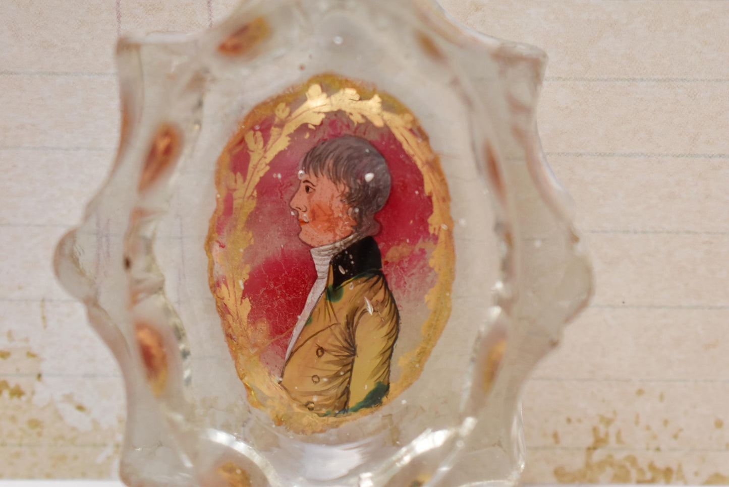 Antique Hand Painted Portrait Pin Tray - Gorgeous Georgian Heavy Glass with Wonderful Applied Painting