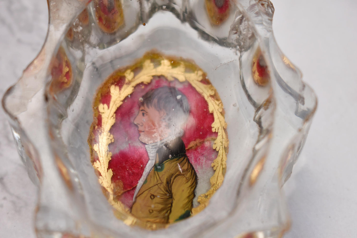 Antique Hand Painted Portrait Pin Tray - Gorgeous Georgian Heavy Glass with Wonderful Applied Painting