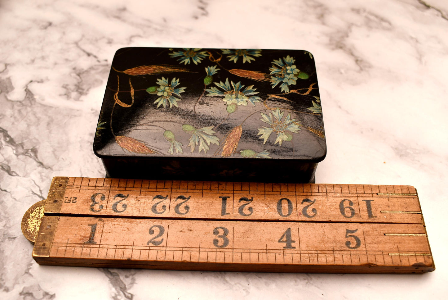 Victorian Trinket Box - Gorgeous Black Hand Painted Papier Mache Jewellery Box