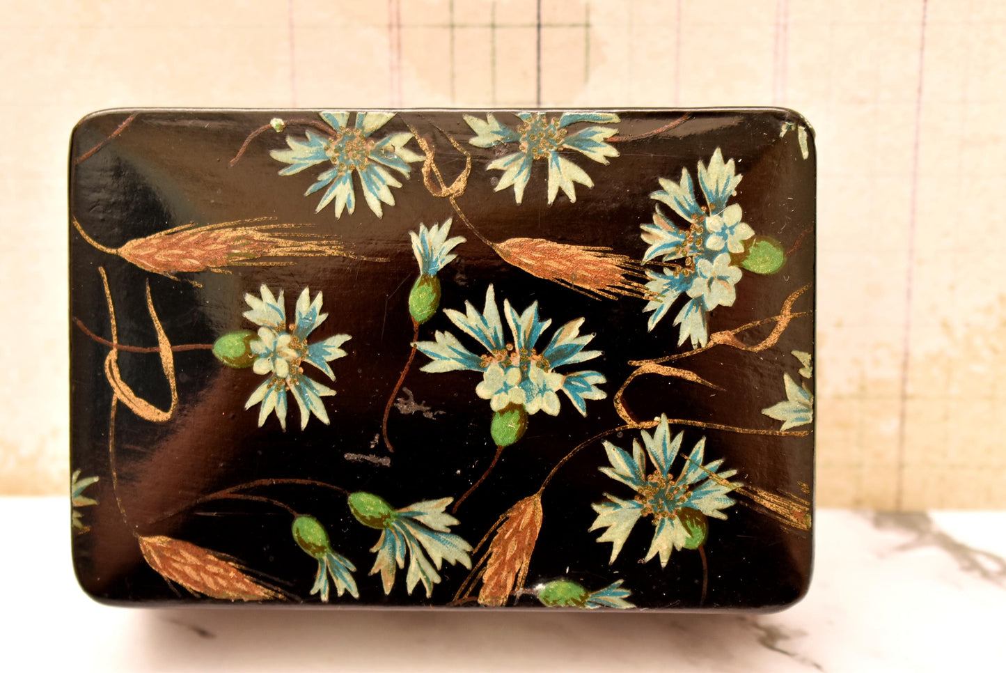Victorian Trinket Box - Gorgeous Black Hand Painted Papier Mache Jewellery Box