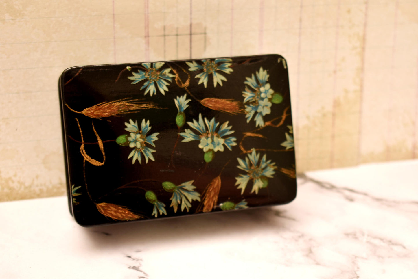 Victorian Trinket Box - Gorgeous Black Hand Painted Papier Mache Jewellery Box