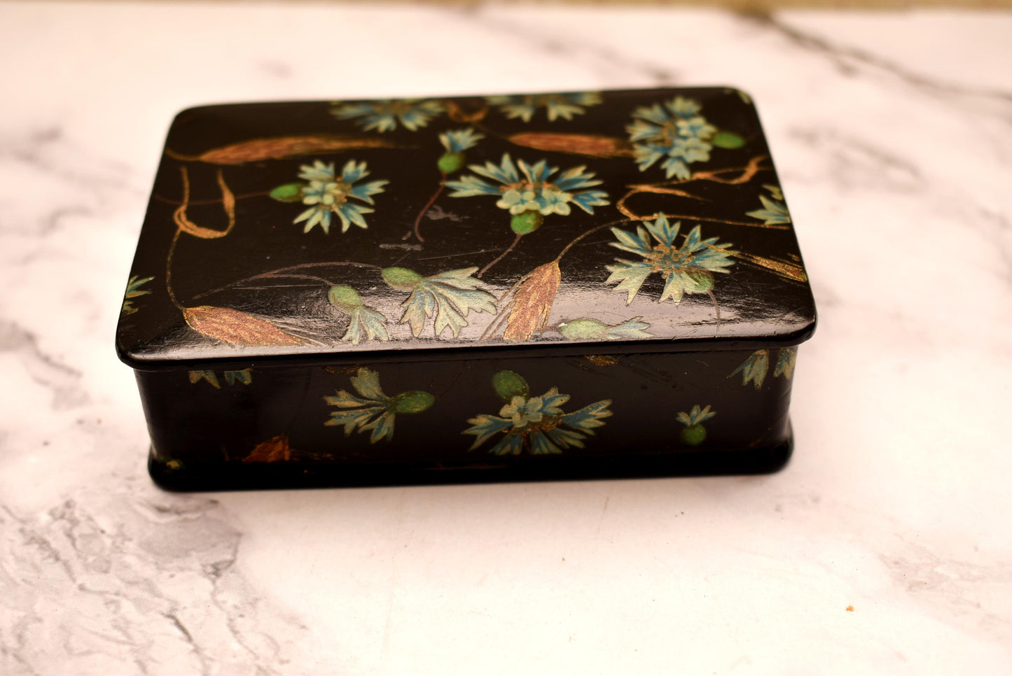Victorian Trinket Box - Gorgeous Black Hand Painted Papier Mache Jewellery Box