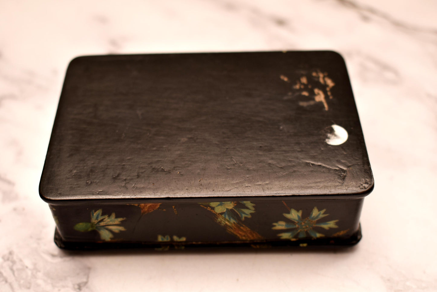 Victorian Trinket Box - Gorgeous Black Hand Painted Papier Mache Jewellery Box
