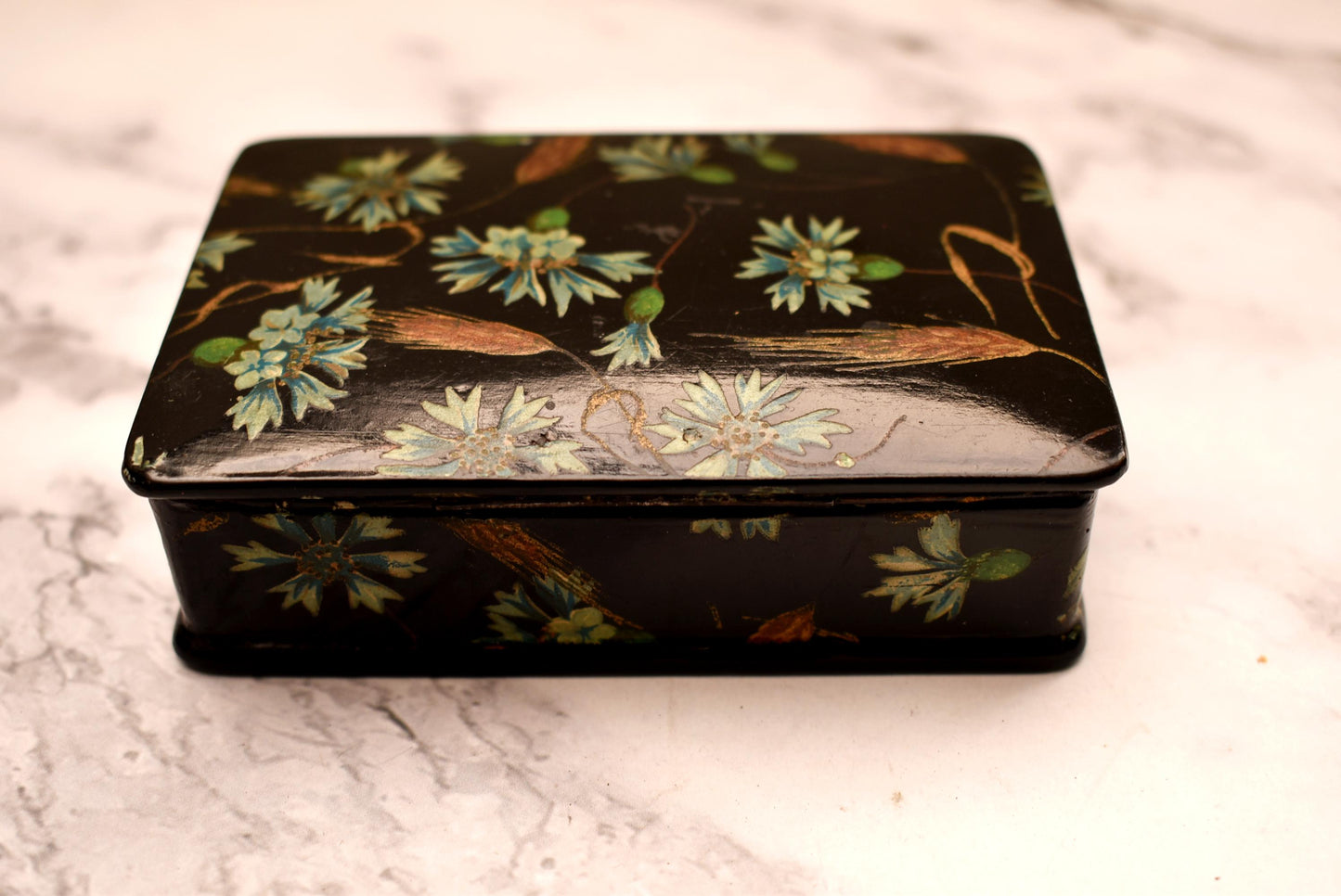 Victorian Trinket Box - Gorgeous Black Hand Painted Papier Mache Jewellery Box