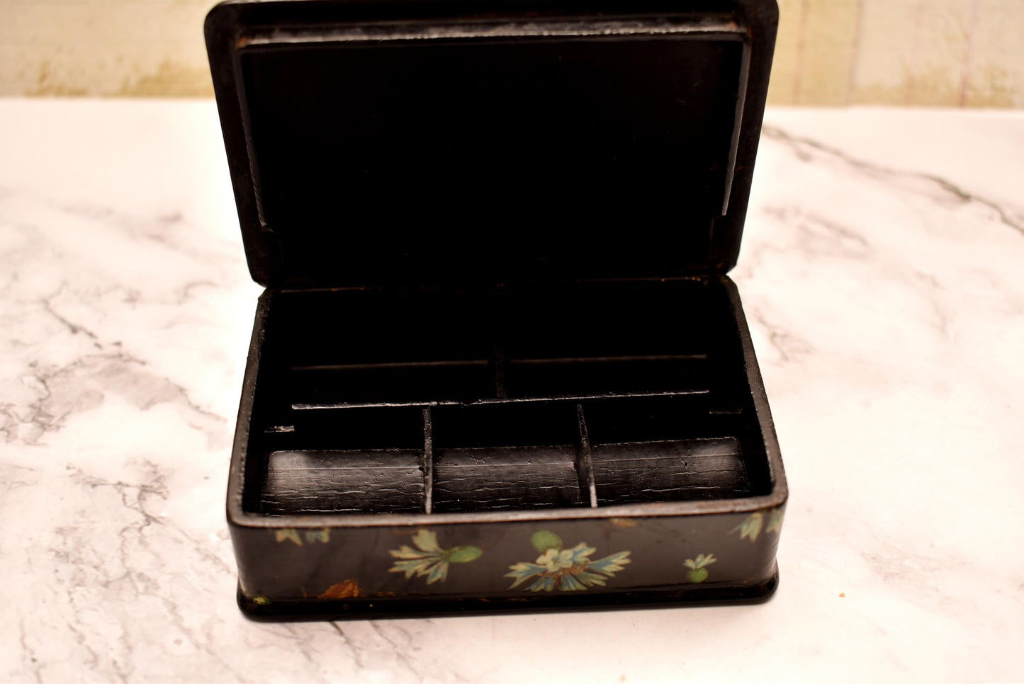 Victorian Trinket Box - Gorgeous Black Hand Painted Papier Mache Jewellery Box