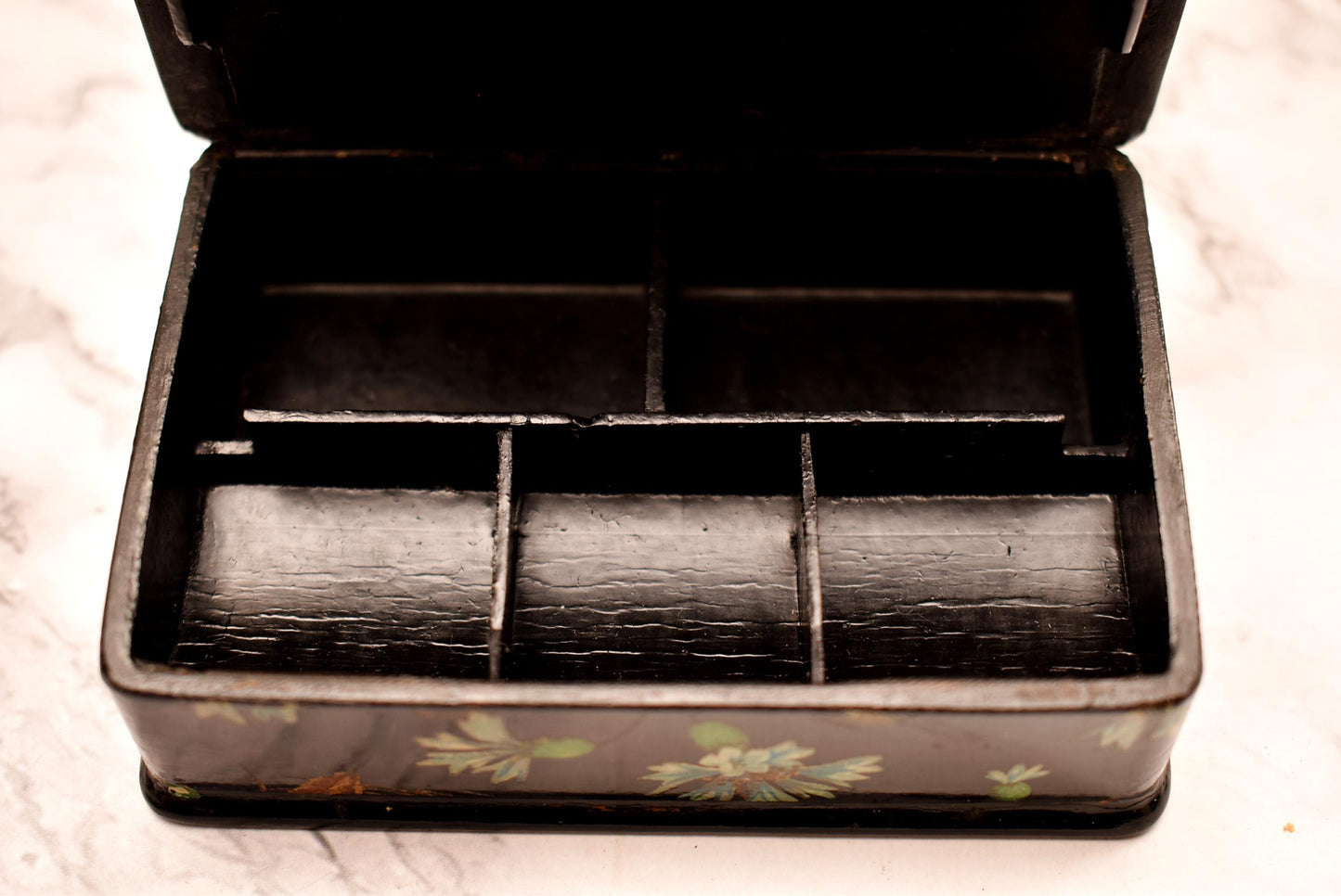 Victorian Trinket Box - Gorgeous Black Hand Painted Papier Mache Jewellery Box