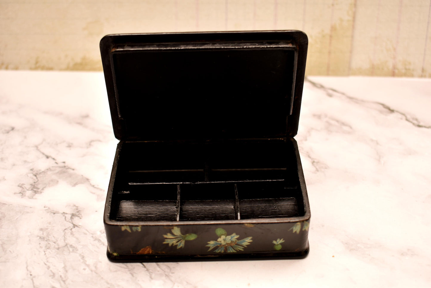Victorian Trinket Box - Gorgeous Black Hand Painted Papier Mache Jewellery Box