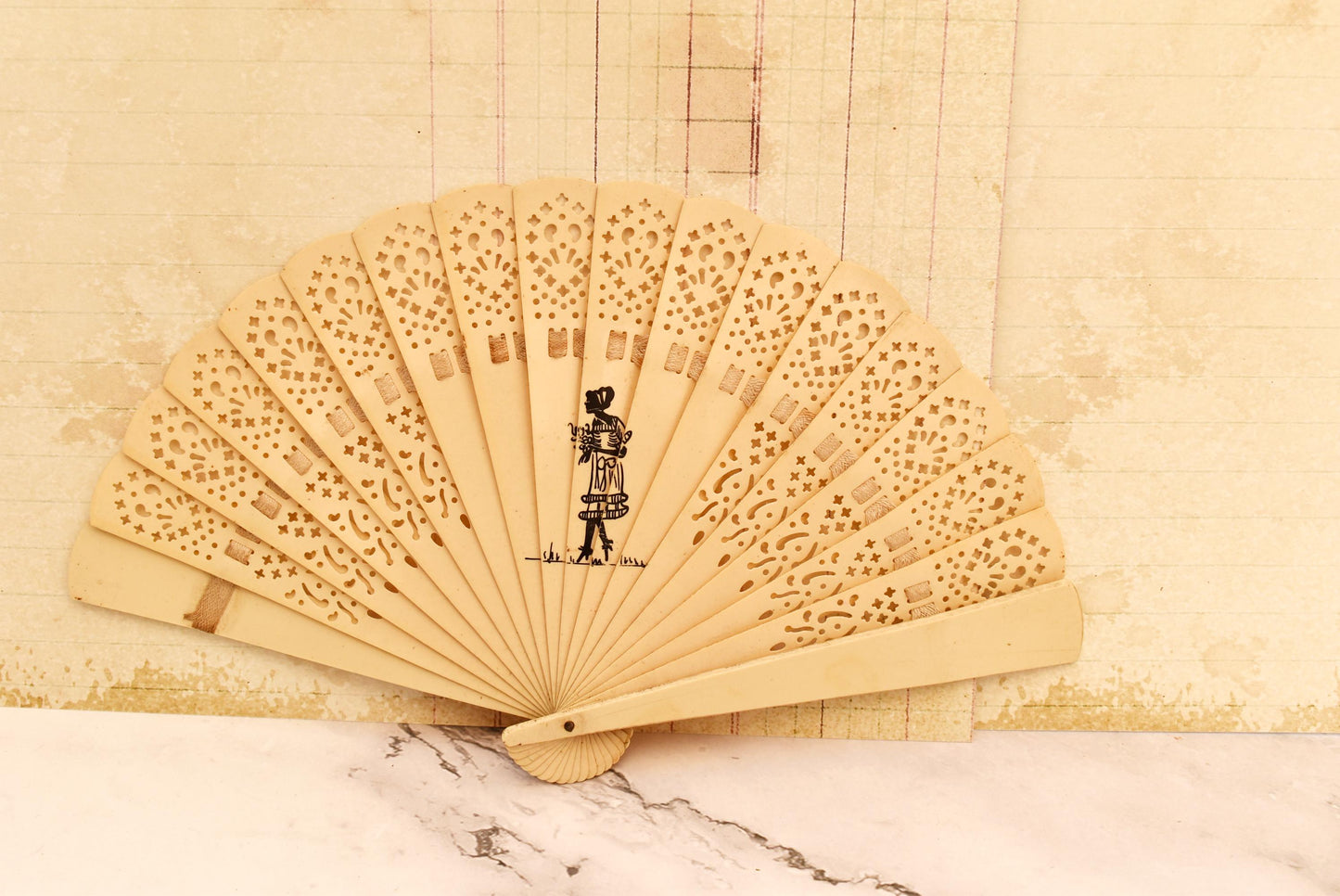 Antique Brise Fan - Charming Edwardian Celluloid Fan with Lady Silhouette