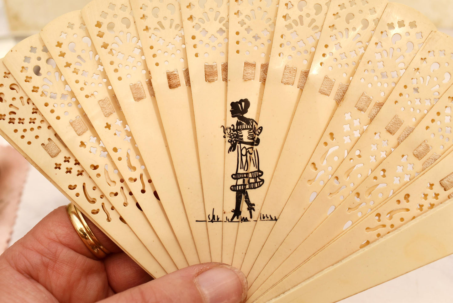 Antique Brise Fan - Charming Edwardian Celluloid Fan with Lady Silhouette