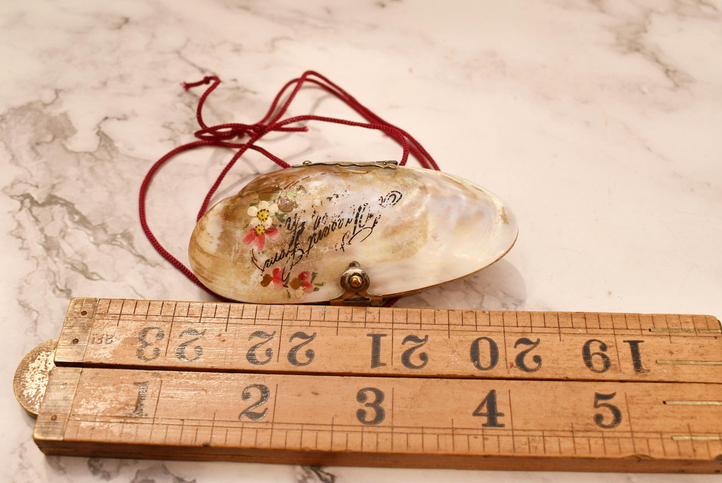 Victorian Mother of Pearl Etui Purse - Stunning Antique Lined Shell with Decorative Fixings and Hand Painted Flowers