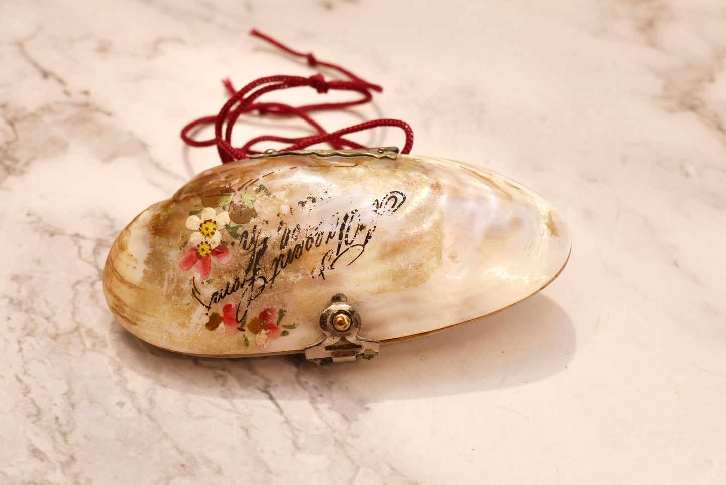 Victorian Mother of Pearl Etui Purse - Stunning Antique Lined Shell with Decorative Fixings and Hand Painted Flowers