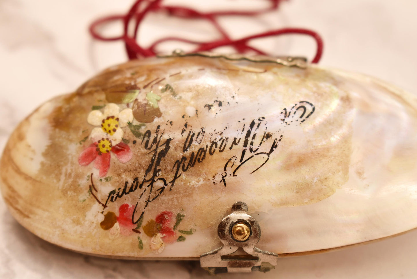 Victorian Mother of Pearl Etui Purse - Stunning Antique Lined Shell with Decorative Fixings and Hand Painted Flowers