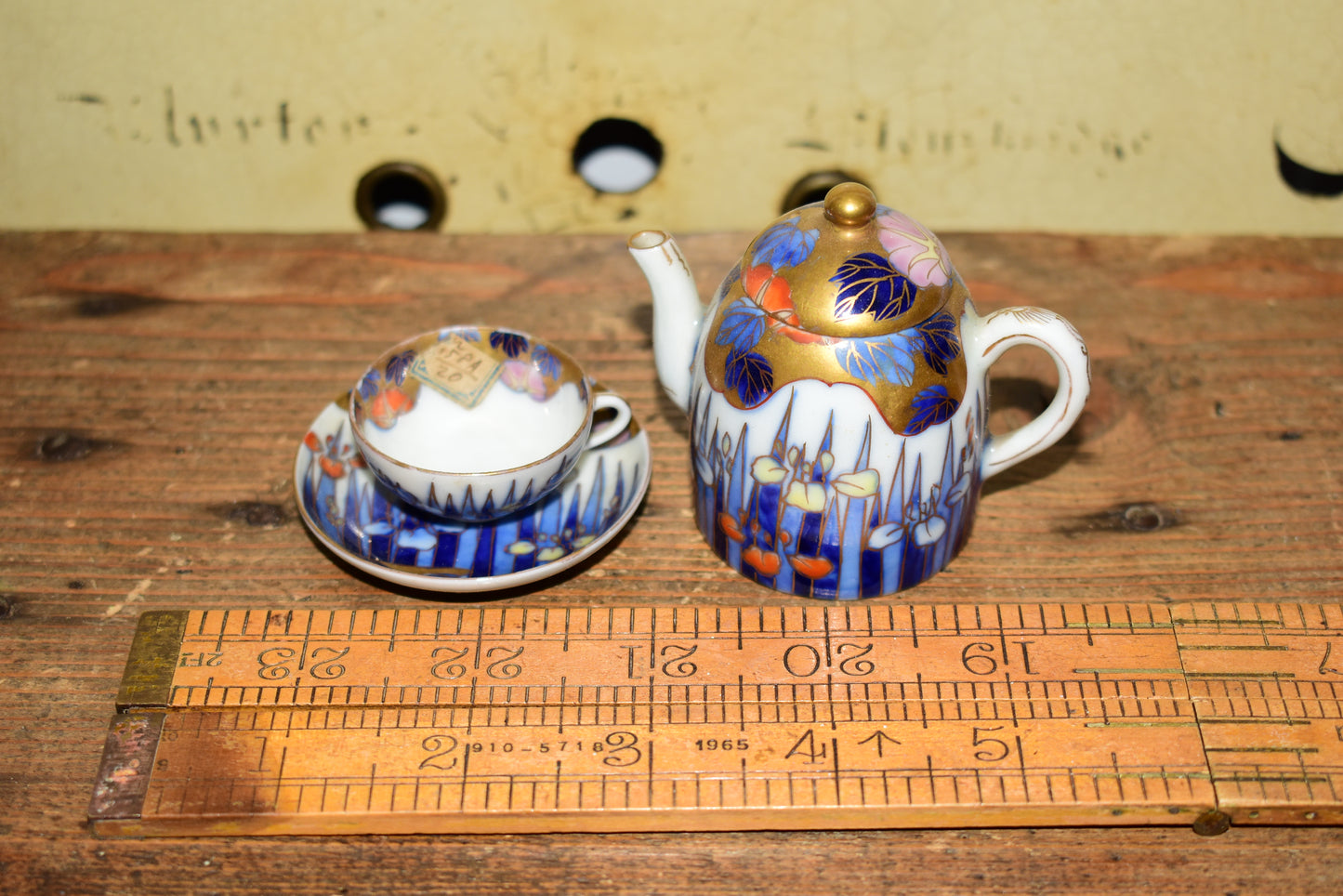 Rare Antique Fukagawa Seiji Micro Tea Set • Early 1900s Signed Japanese Arita Porcelain Iris & Gold Miniature Teapot • Cabinet Piece