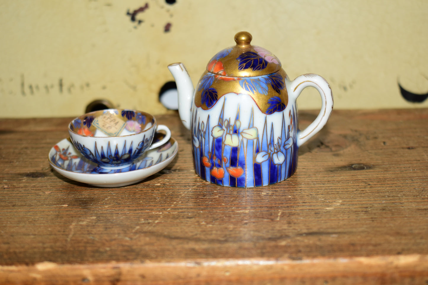 Rare Antique Fukagawa Seiji Micro Tea Set • Early 1900s Signed Japanese Arita Porcelain Iris & Gold Miniature Teapot • Cabinet Piece