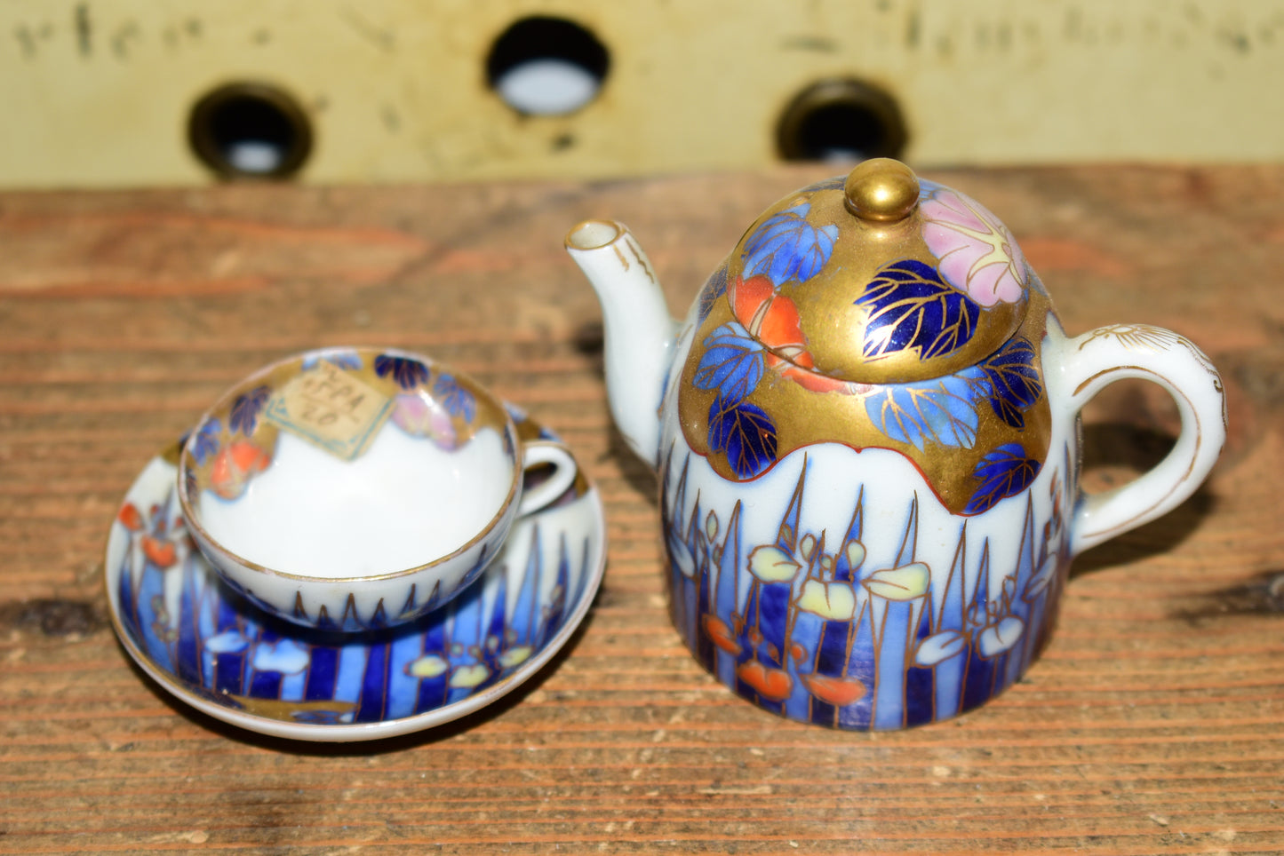 Rare Antique Fukagawa Seiji Micro Tea Set • Early 1900s Signed Japanese Arita Porcelain Iris & Gold Miniature Teapot • Cabinet Piece
