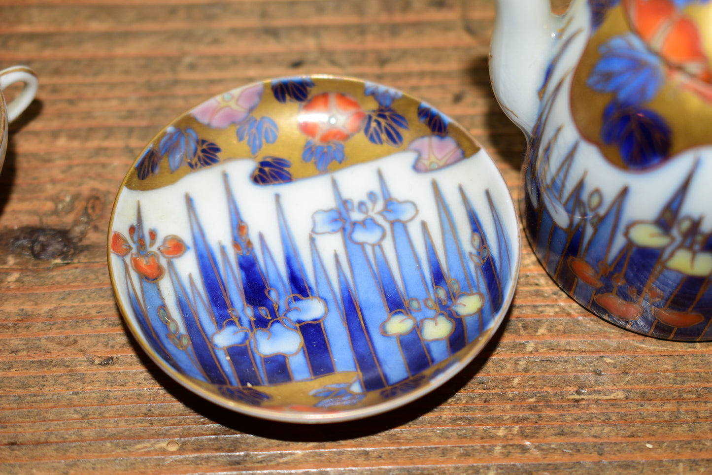 Rare Antique Fukagawa Seiji Micro Tea Set • Early 1900s Signed Japanese Arita Porcelain Iris & Gold Miniature Teapot • Cabinet Piece