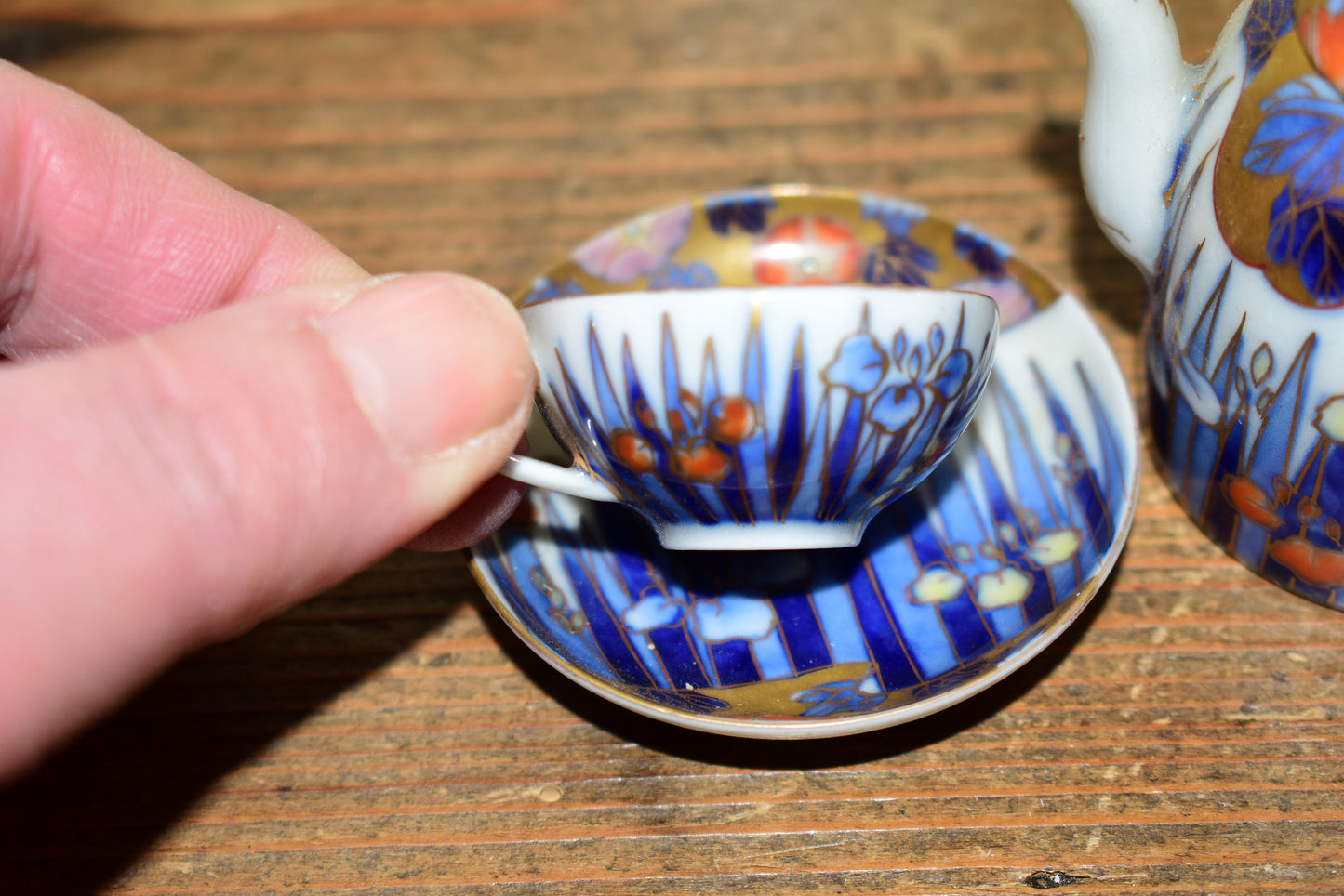Rare Antique Fukagawa Seiji Micro Tea Set • Early 1900s Signed Japanese Arita Porcelain Iris & Gold Miniature Teapot • Cabinet Piece