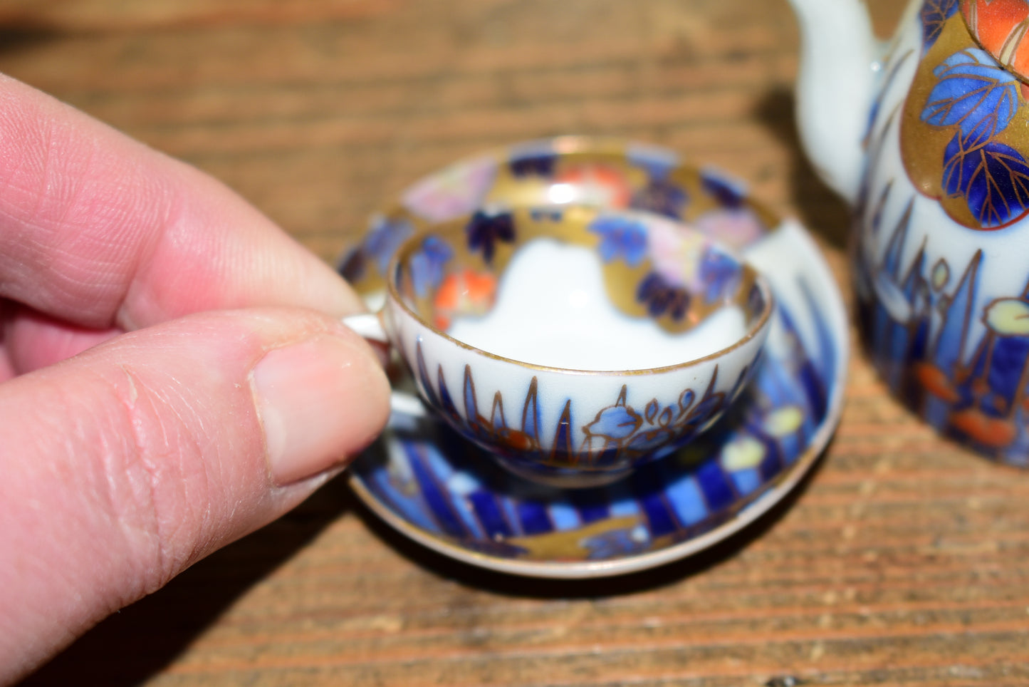 Rare Antique Fukagawa Seiji Micro Tea Set • Early 1900s Signed Japanese Arita Porcelain Iris & Gold Miniature Teapot • Cabinet Piece
