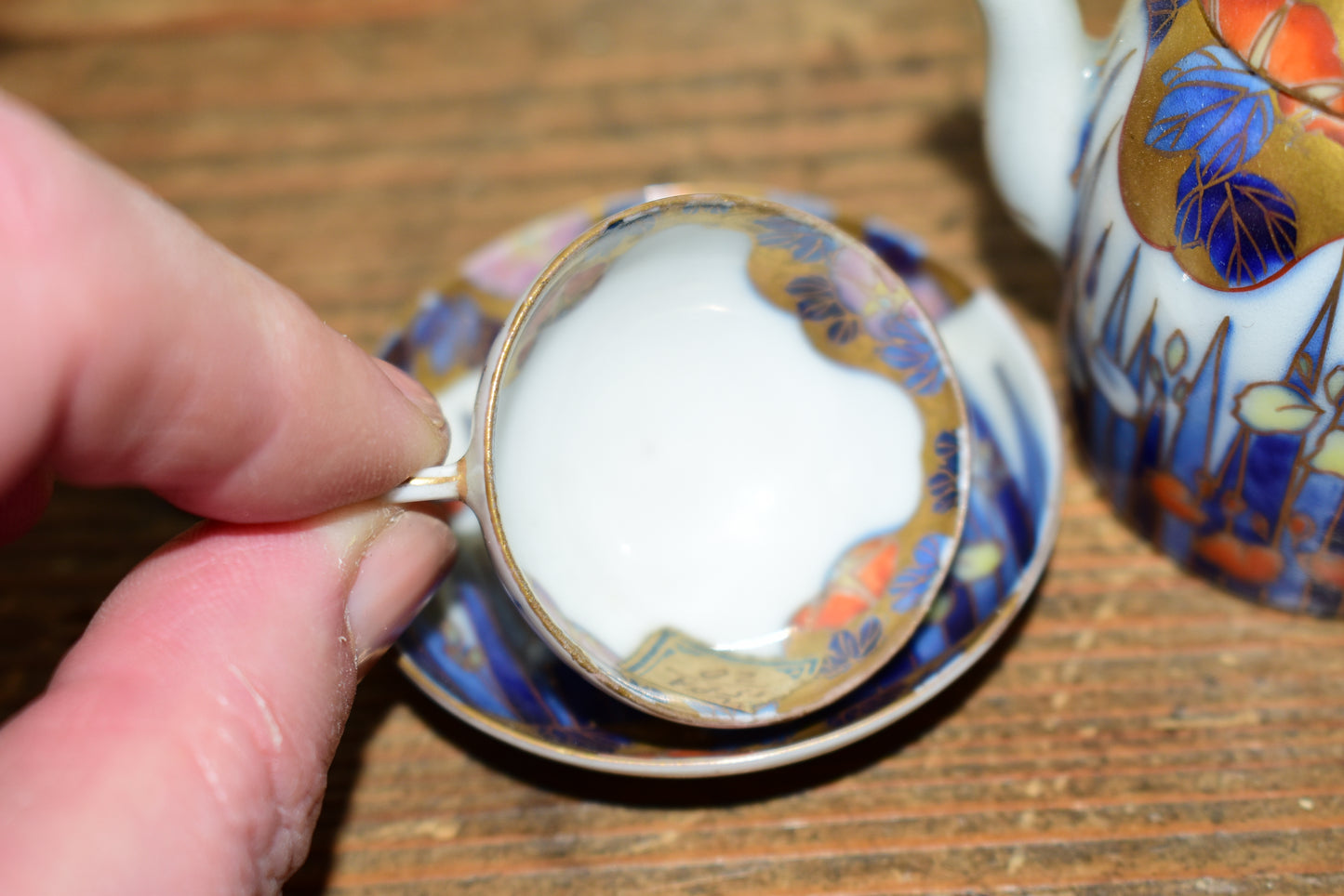 Rare Antique Fukagawa Seiji Micro Tea Set • Early 1900s Signed Japanese Arita Porcelain Iris & Gold Miniature Teapot • Cabinet Piece