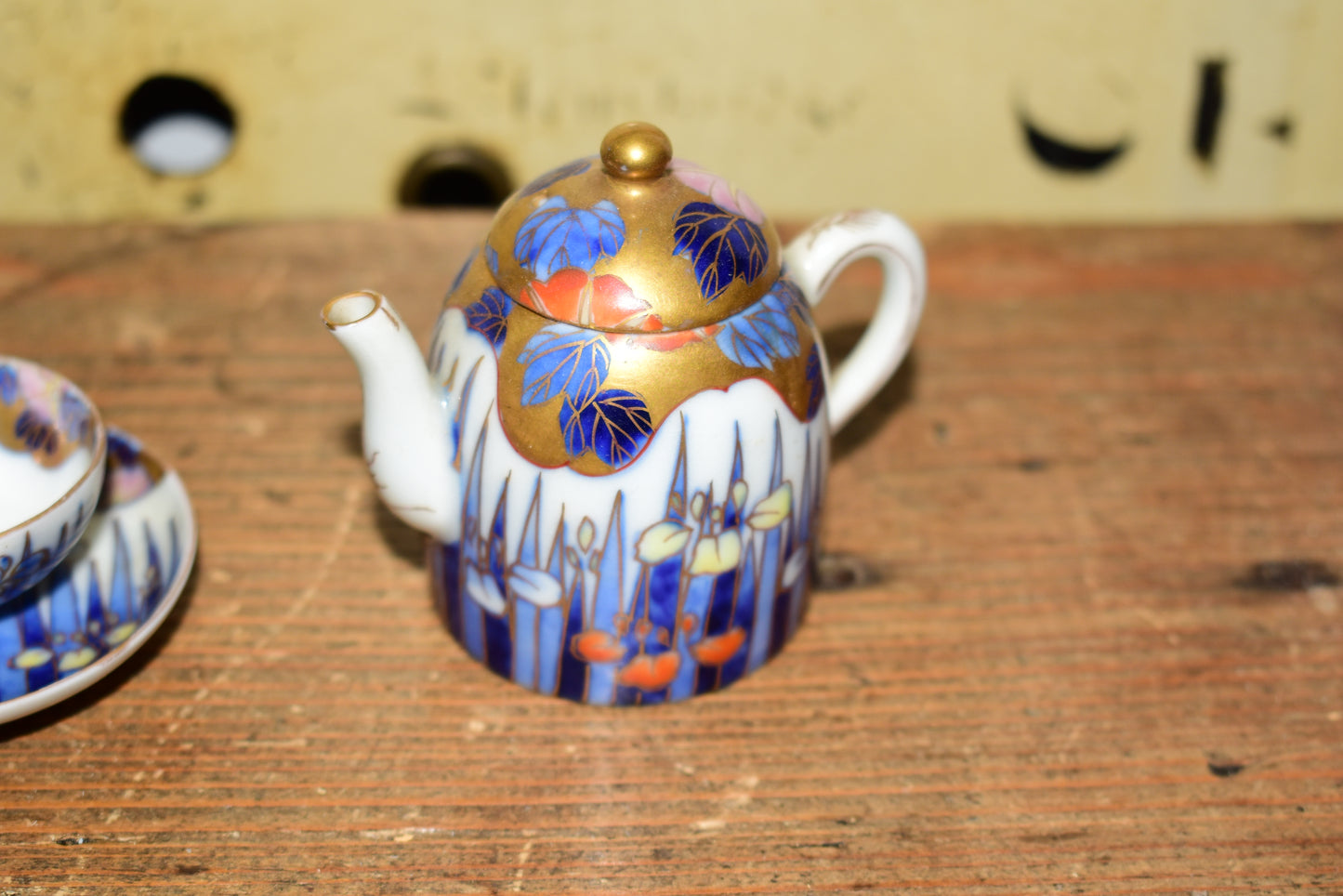 Rare Antique Fukagawa Seiji Micro Tea Set • Early 1900s Signed Japanese Arita Porcelain Iris & Gold Miniature Teapot • Cabinet Piece