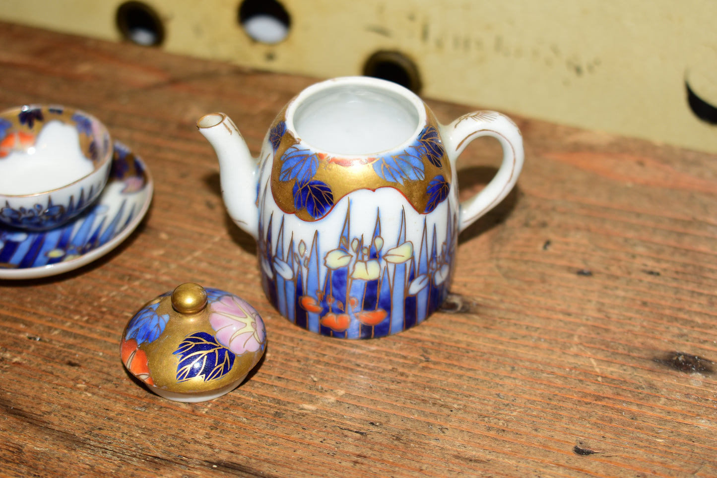 Rare Antique Fukagawa Seiji Micro Tea Set • Early 1900s Signed Japanese Arita Porcelain Iris & Gold Miniature Teapot • Cabinet Piece
