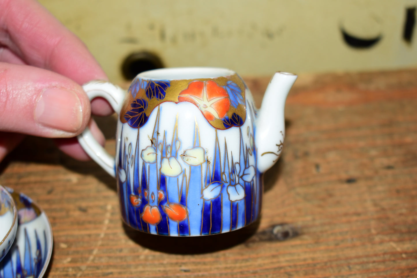 Rare Antique Fukagawa Seiji Micro Tea Set • Early 1900s Signed Japanese Arita Porcelain Iris & Gold Miniature Teapot • Cabinet Piece